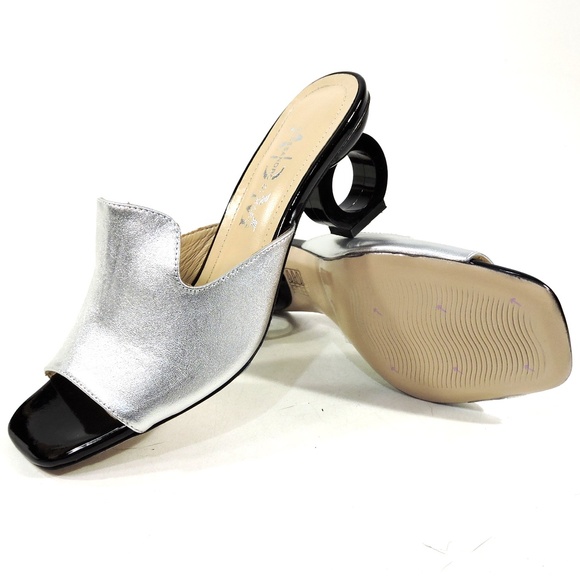 ALESSANDRO DI MARIA 🇮🇹 WOMEN'S SILVER LEATHER FASHION MULES - Picture 7 of 8